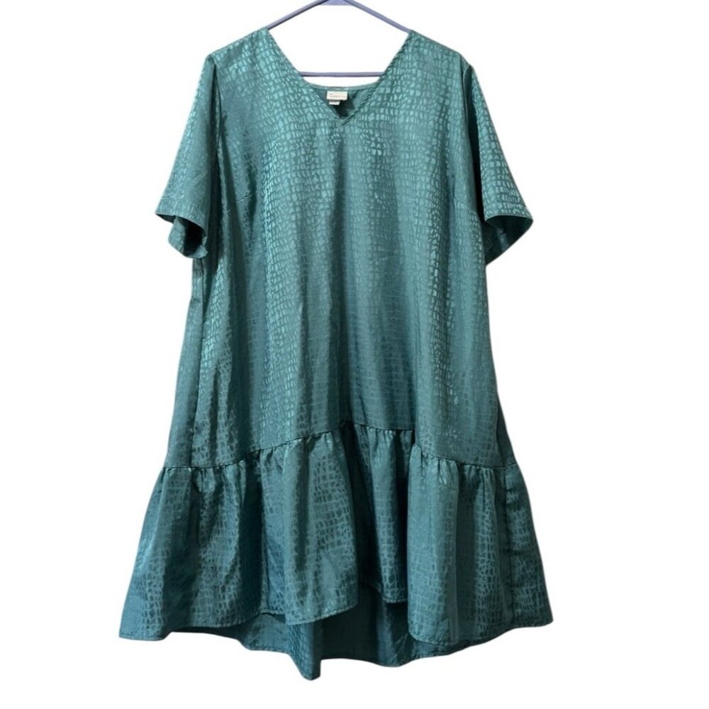 A New Day Teal Tiered Babydoll Dress V Neck Lagenlook Size XXL Metalic Flowing